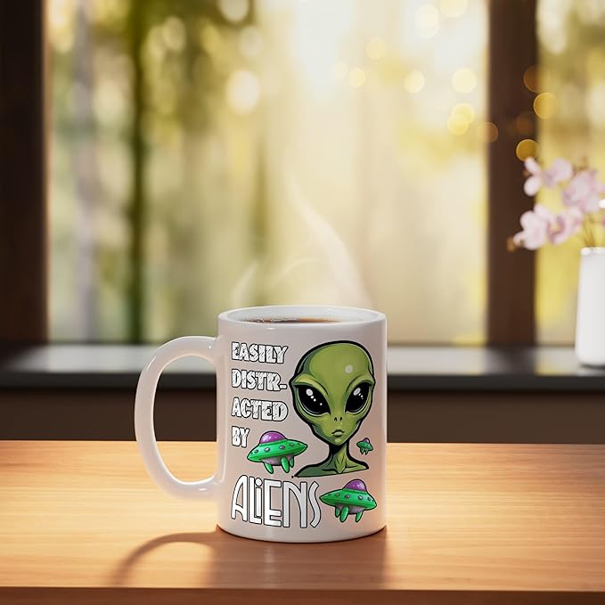 Easily Distracted By Aliens Funny Sci Fi Apparel Design Ceramic Mug, White
