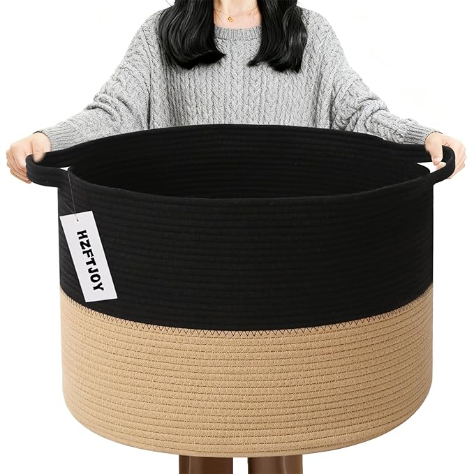 90L Extra Large Blanket Basket,Woven Laundry Basket Hamper with Handles, Decorative Nursery Basket Storage Bin for Toys, Clothes Organizer, Living Room, Bedroom, Bathroom, Black&Camel