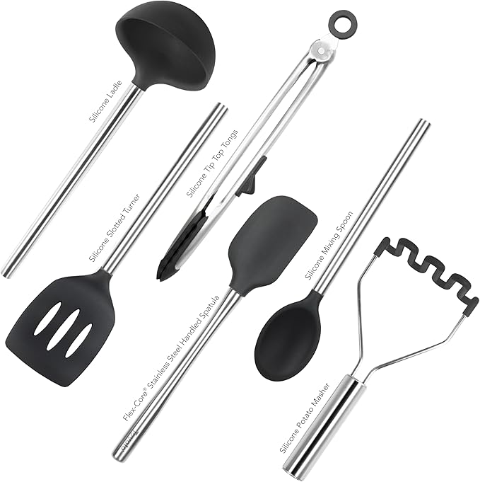 Tovolo Silicone Cooking Utensil Set of 6 Stainless Steel Handle Ladle Slotted Turner Tongs Flex Core Spatula Scraper Mixing Spoon & Potato Masher, Dishwasher Safe BPA Free Utensils, Black