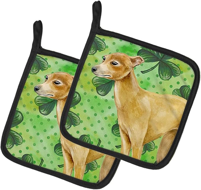 Caroline's Treasures BB9872PTHD Italian Greyhound St Patrick's Pair of Pot Holders, Green Kitchen Heat Resistant Pot Holders Sets Oven Hot Pads for Cooking Baking BBQ, 7 1/2 x 7 1/2