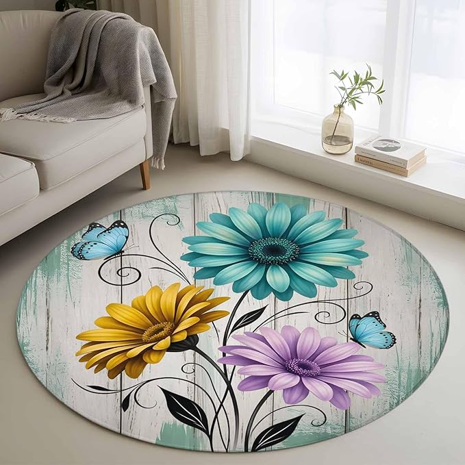 Washable Round Area Rug Farm Flower Daisy Retro Wood Barn Circle Rugs Floor Carpet for Living Room Bedroom, Blossom Flower Butterfly Soft Non Slip Round Rug 3ft