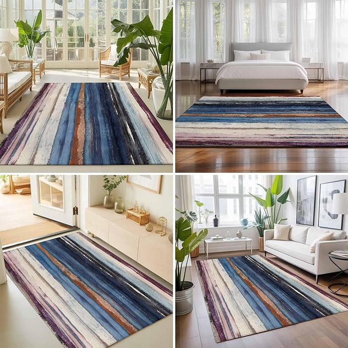 Area Rug 8x10ft, Modern Gradient Striped Art Washable Rugs for Living Room Bedroom, Retro Abstract Rustic Texture Soft Non-Slip Area Rugs Rectangle Floor Carpet for Dining Room