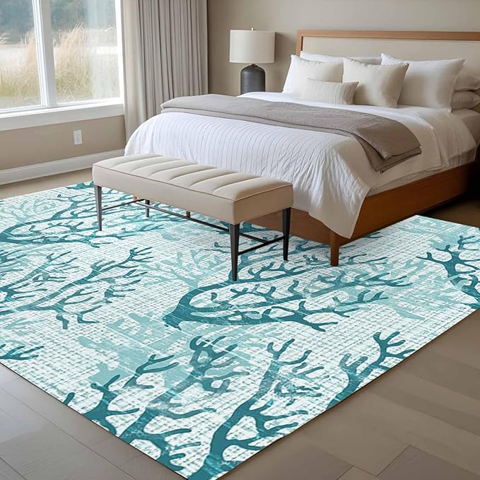 Area Rug 9x12ft, Coastal Sea Coral Retro Linen Washable Rugs for Living Room Bedroom Rectangle Floor Carpet, Underwater Ocean Life Soft Non-Slip Area Rugs for Dining Room