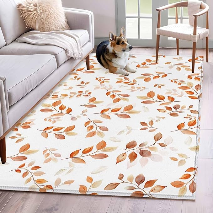Area Rug 4x6ft, Autumn Orange Leaf Botanical Washable Rugs for Living Room Bedroom, Abstract Vine Pattern Soft Non-Slip Area Rugs Rectangle Floor Carpet for Dining Room