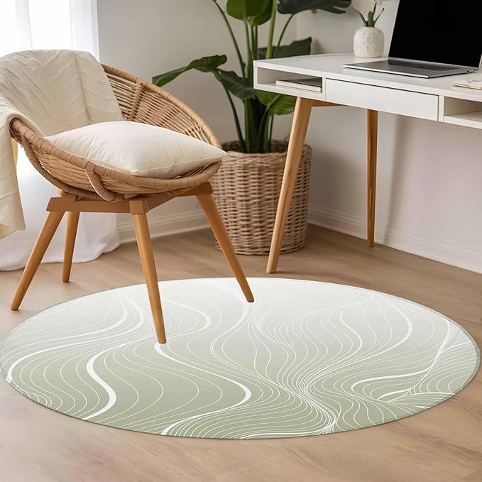 Washable Round Area Rug Sage Green Wavy Gradient Stripes Circle Rugs Floor Carpet for Living Room Bedroom, Geometric Abstract Art Soft Non Slip Round Rug 3ft