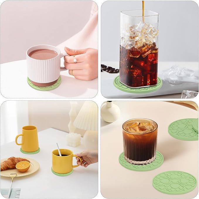 Green Silicone Coasters Set of 6 with Holder, 4 Inch Non-Slip Decorative Cup Mats, Heat-Resistant & Waterproof Drink Coasters for Tabletop, Desk, Bar, Coffee Table, Office & Kitchen