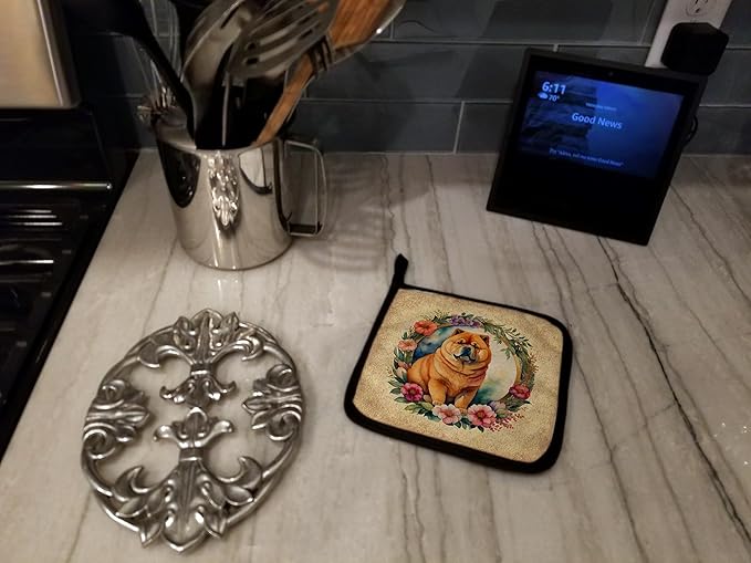 Caroline's Treasures Chow Chow and Flowers Pair of Pot Holders Kitchen Heat Resistant Pot Holders Sets Oven Hot Pads for Cooking Baking BBQ, 7 1/2 x 7 1/2