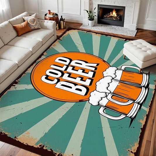8x10 Area Rugs for Bedroom Boho Washable Man Cave Rug for Living Room Vintage Cold Beer Beer Mugs Retro Sunburst Soft Rubber Backed Non-Slip Large Carpets for Boys