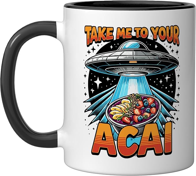 Take Me to Your Acai UFO Abduction Berry Fruit Funny Acai Ceramic Mug, Black/White