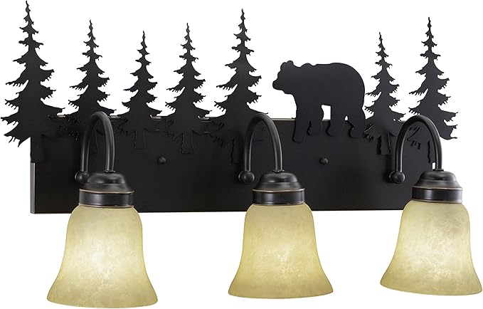 VAXCEL Bozeman 3-Light 24.75 inch Wide Burnished Bronze Rustic Cabin Bathroom Vanity Lighting Fixture, Amber Flake Glass Shade, Bear and Trees, Dimmable, LED Compatible, Over the Mirror Wall Mounted
