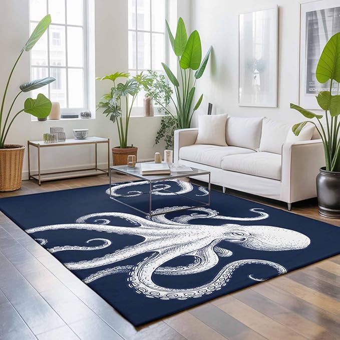 Area Rug 3x5ft, Underwater Ocean Giant Octopus Washable Rugs for Living Room Bedroom, Navy Blue White Marine Life Soft Non-Slip Area Rugs Rectangle Floor Carpet for Dining Room