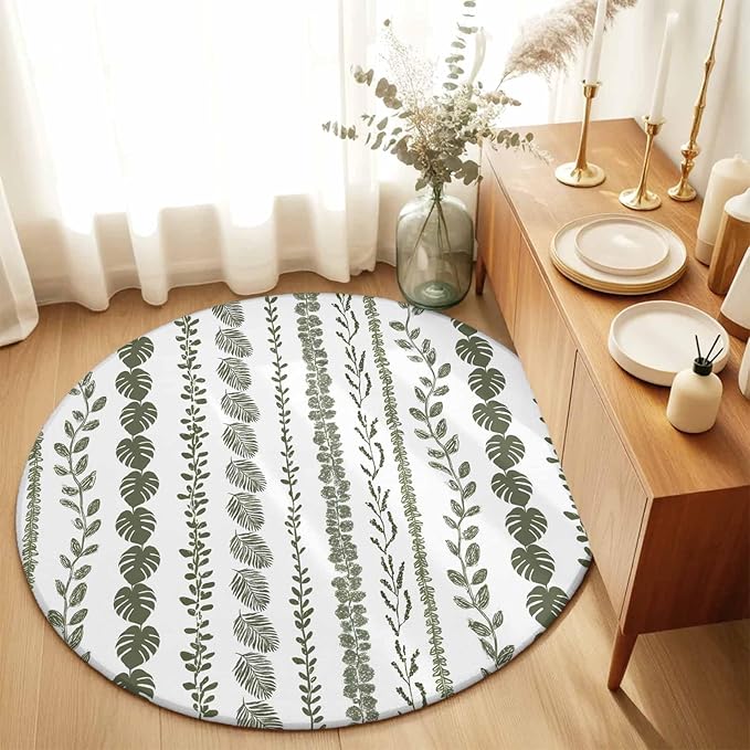 Washable Round Area Rug Summer Tropical Leaf Seamless Circle Rugs Floor Carpet for Living Room Bedroom, Farmhouse Green Leaves Plant Soft Non Slip Round Rug 5ft
