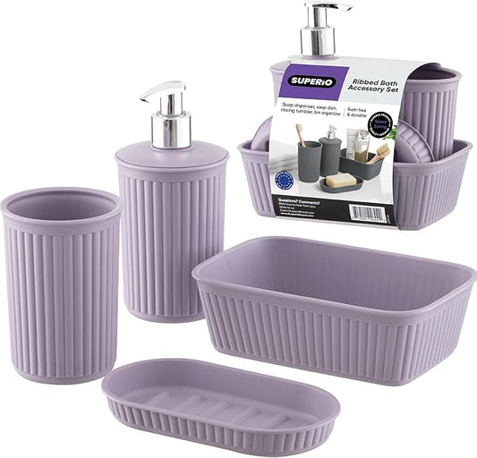 Decorative Plastic Bathroom Accessories Set, Lilac Purple (Set of 4) Soap Dish, Liquid Dispenser, Toothbrush Holder Cup, Vanity Organizer Tray - Bath Accessory Countertop Decor Gift - Ribbed Design