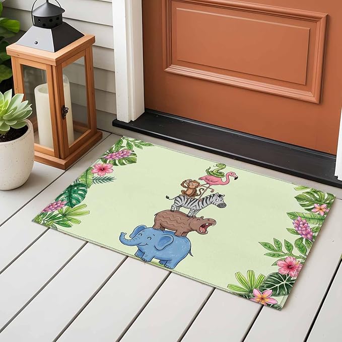 Area Rug 2x3ft, Funny Elephant Zebra Flamingo Washable Rugs for Living Room Bedroom, Tropical Leaves Floral Soft Non-Slip Area Rugs Rectangle Floor Carpet for Dining Room