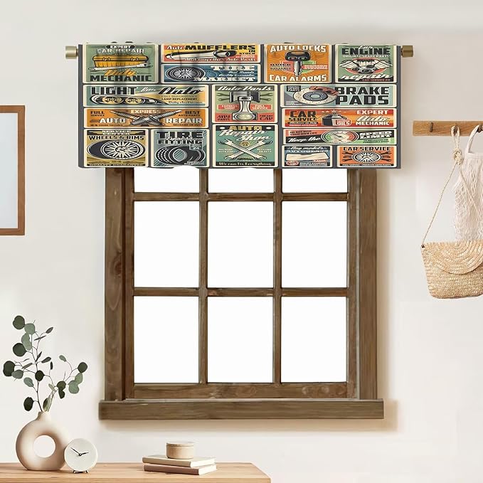Cars Service Valance Curtain Garage Station, Automotive Diagnostic, Engine, Tire Fitting, Vehicle Repair Shop Curtains Valances for Kitchen Living Room Decor with Rod Pocket, One Panel 54X18 Inches