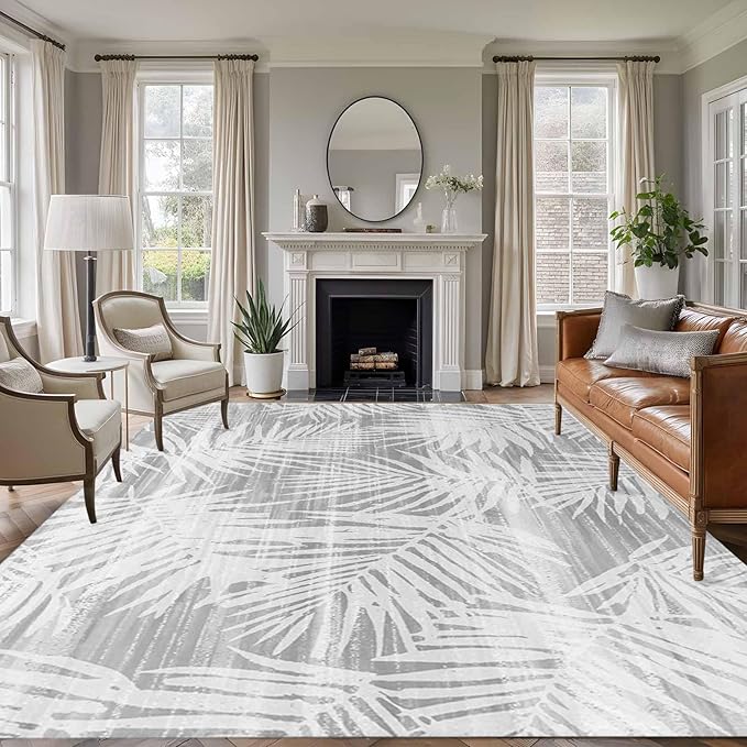 Area Rug 9x12ft, Modern Gray Palm Leaves Washable Rugs for Living Room Bedroom Rectangle Floor Carpet, Boho Tropical Leaves Soft Non-Slip Area Rugs for Dining Room