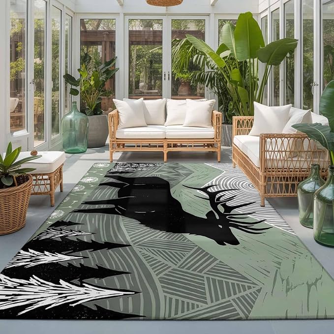 Area Rug 3x5ft, Black Wildlife Elk Washable Rugs for Living Room Bedroom, Bohemian Green Mountain Peaks Soft Non-Slip Area Rugs Rectangle Floor Carpet for Dining Room