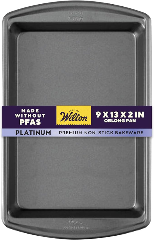 Wilton Platinum Non-Stick Oblong Baking Pan - All-Purpose Pan for Baking, Roasting & Cooking - Non-Stick Steel - Dishwasher Safe - Features Extended Grip Handles - Made Without PFAS - 13 x 9 x 2 Inch
