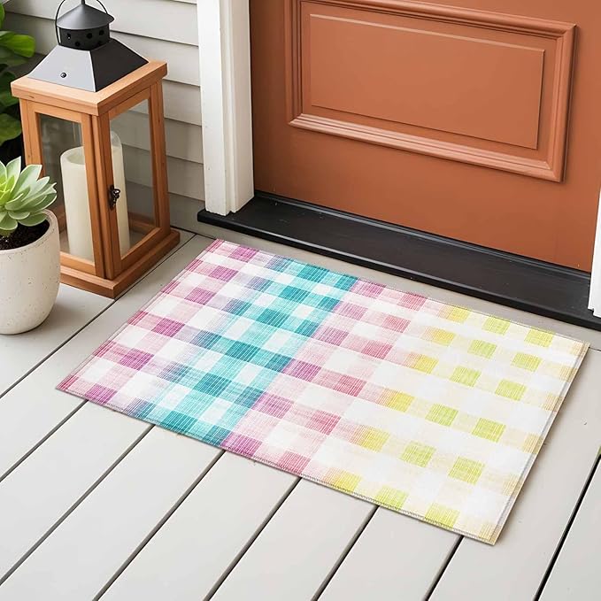 Area Rug 2x3ft, Easter Red Yellow Blue Stripes Washable Rugs for Living Room Bedroom, Abstract Buffalo Plaid Soft Non-Slip Area Rugs Rectangle Floor Carpet for Dining Room