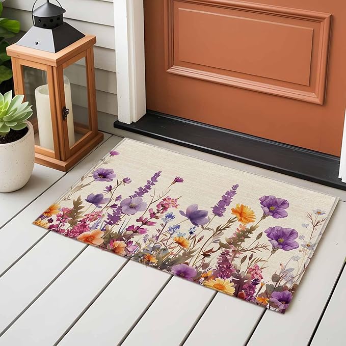 Area Rug 2x3ft, Country Flower Purple Lavender Plant Washable Rugs for Living Room Bedroom, Retro Linen Soft Non-Slip Area Rugs Rectangle Floor Carpet for Dining Room
