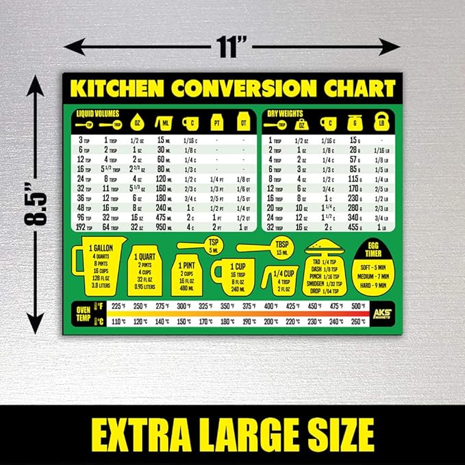 Kitchen Conversion Chart Magnet - Extra Large Easy to Read 11” x 8.5” Measurement Cheat Sheet for Cooking Baking & Reading Recipes - Convert Volume Weight Celsius Fahrenheit Imperial & Metric Units