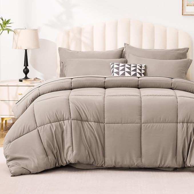 Love's cabin Full Comforter Set Light Brown, 7 Pieces Full Bed in a Bag, All Season Bedding Sets with 1 Comforter, 1 Flat Sheet, 1 Fitted Sheet, 2 Pillowcase and 2 Pillow Sham | Soft, Breathable, Lightweight, Comfortable