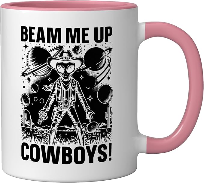 Alien Lover Flying Saucer UFO Extraterrestrial Cowboy Ceramic Mug, Pink/White