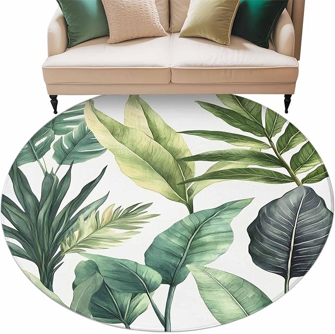 Washable Round Area Rug Summer Green Tropical Palm Leaves Circle Rugs Floor Carpet for Living Room Bedroom, Watercolor Plant Soft Non Slip Round Rug 5ft