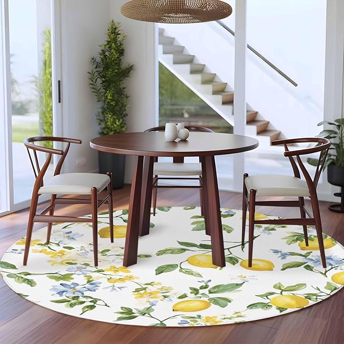 Washable Round Area Rug Summer Watercolor Lemon Flower Circle Rugs Floor Carpet for Living Room Bedroom, Spring Farm Fruit Green Leaf Soft Non Slip Round Rug 5ft