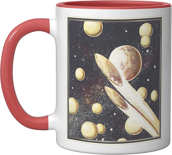 Retro Sci-Fi UFOs Flying Saucers Through Space Ceramic Mug, Red/White