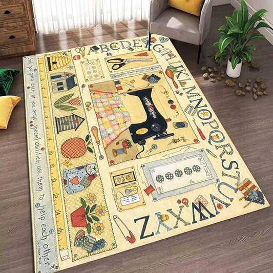 Traditional Classic Floral Patchwork Rugs for Bedroom Non-Slip Abstract Buttons Magazine Print Carpet Office Decor Low Profile Sewing Machine Themed Area Rug Floor Mat 5'x7'