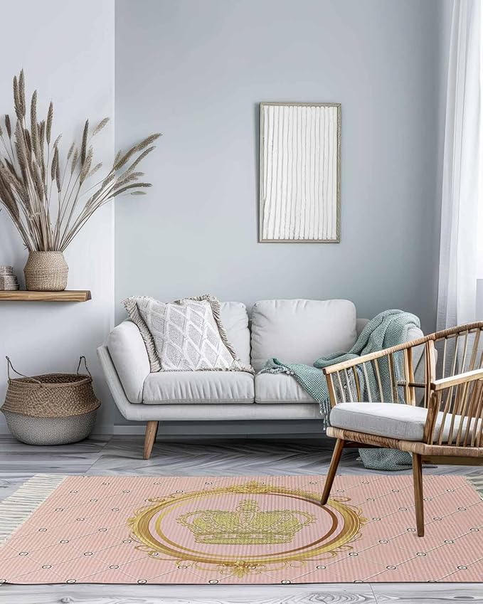 Kitchen Runner Rugs, Golden Crown Queen Pink Lattice 3'x5' Throw Rug with Tassels, White Dot Washable Soft Floor Carpet Runner for Hallway Bedroom Bathroom Laundry Room