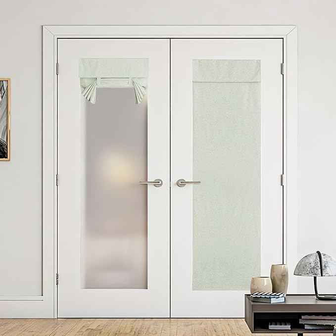 NICETOWN Sheer Door Curtain Natural Linen Thermal Insulated French Door Curtain 100% Blackout Window Shades for Patio Privacy Tie Up Blind for Kitchen, 30 inch x 72 inch, Sage Green, 1 Panel