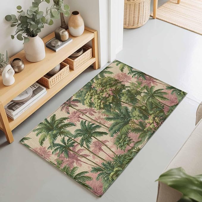 Area Rug 2x3ft, Exotic Forest Green Pink Palms Tree Washable Rugs for Living Room Bedroom, Vintage Botantical Soft Non-Slip Area Rugs Rectangle Floor Carpet for Dining Room