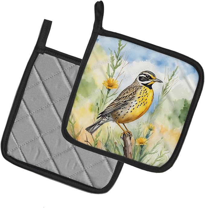 Caroline's Treasures North Dakota Western Meadowlark Pair of Pot Holders Kitchen Heat Resistant Pot Holders Sets Oven Hot Pads for Cooking Baking BBQ, 7 1/2 x 7 1/2