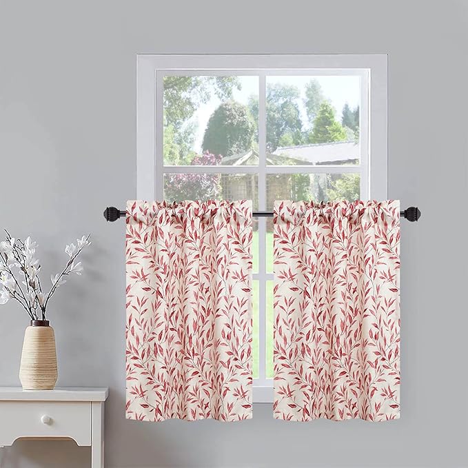 VOGOL Tier Curtains for Small Windows, Red Leaves Decorative Short Window Treatment for Kids Room Cafe Kitchen Bathroom, 30 x 24, 2 Panels, Rod Pocket
