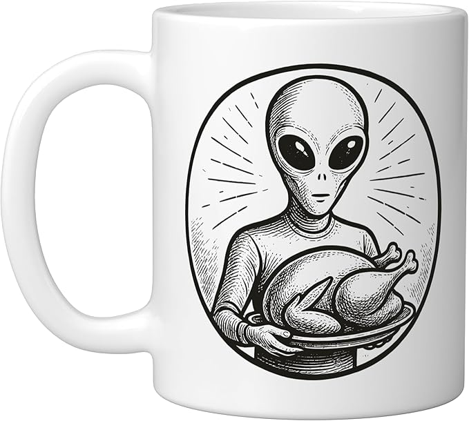 Alien with Thanksgiving Turkey Ceramic Mug, White