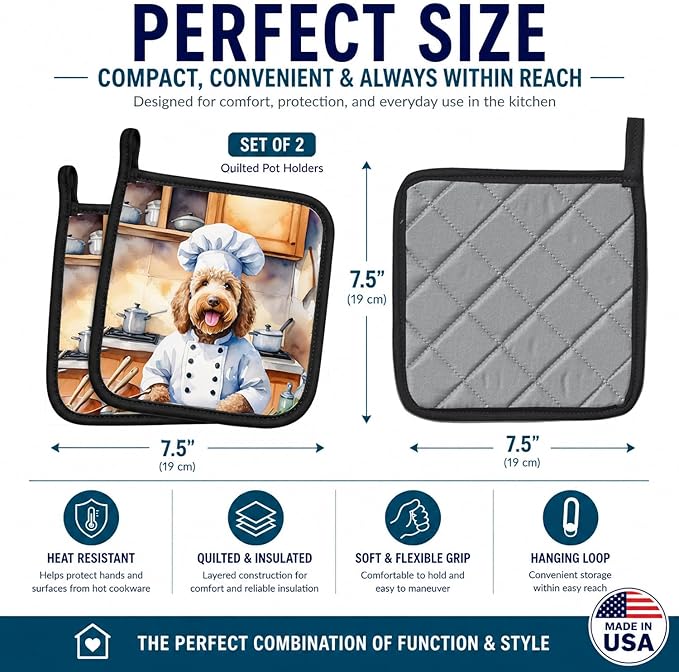 Caroline's Treasures Labradoodle The Chef Pair of Pot Holders Kitchen Heat Resistant Pot Holders Sets Oven Hot Pads for Cooking Baking BBQ, 7 1/2 x 7 1/2