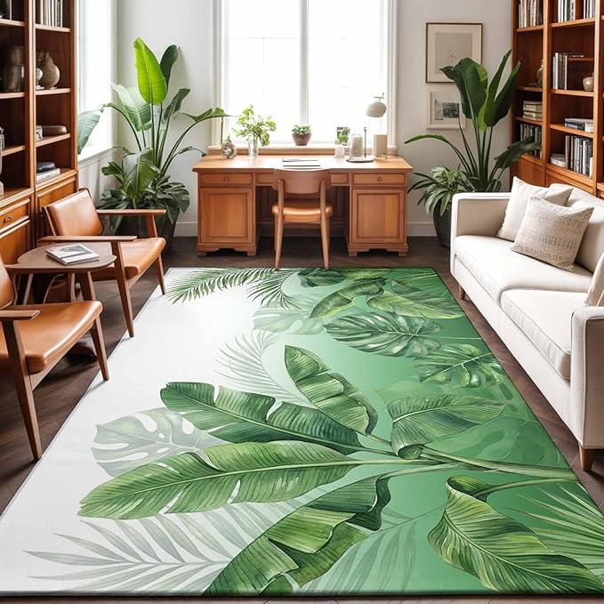 Area Rug 8x10ft, Botanical Rainforest Plants Washable Rugs for Living Room Bedroom, Watercolor Tropical Banana Leaves Soft Non-Slip Area Rugs Rectangle Floor Carpet for Dining Room