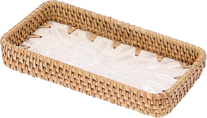 Decorative Key Basket for Entryway Small Handwoven Rattan Tray Rectangular Key Holder Tray Wicker Basket Organizer for Keys Remote Control Jewelry, White