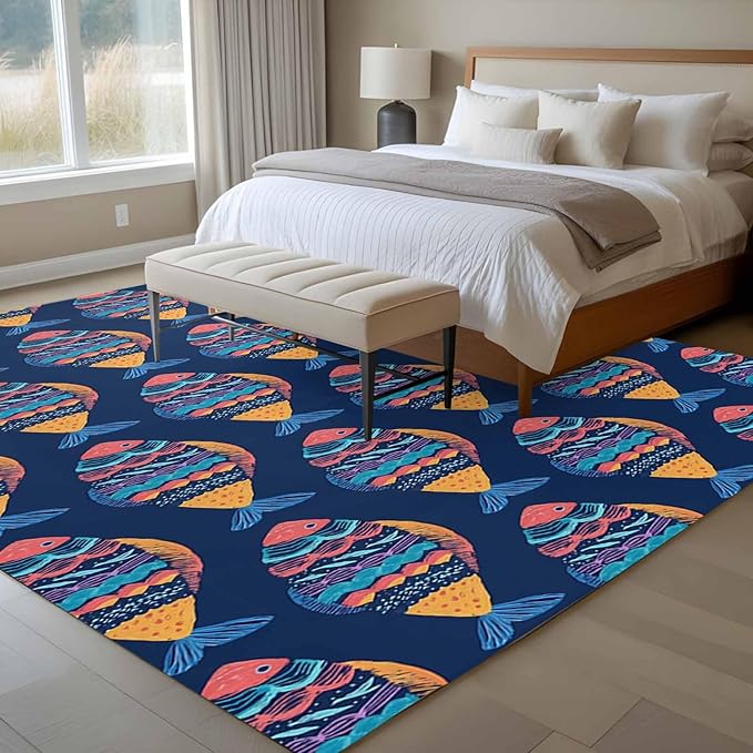Area Rug 6x9ft, Ethnic Style Ocean Fish Washable Rugs for Living Room Bedroom, Watercolor Marine Life on Navy Blue Soft Non-Slip Area Rugs Rectangle Floor Carpet for Dining Room