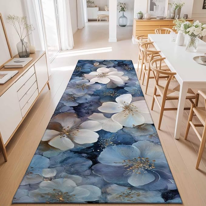 Runner Rug for Bedroom Hallway, Watercolor White Navy Blue Floral Foliage Kitchen Runner Rugs Area Rug 2x6ft, Abstract Flower Washable Soft Floor Carpet for Entryway Stair