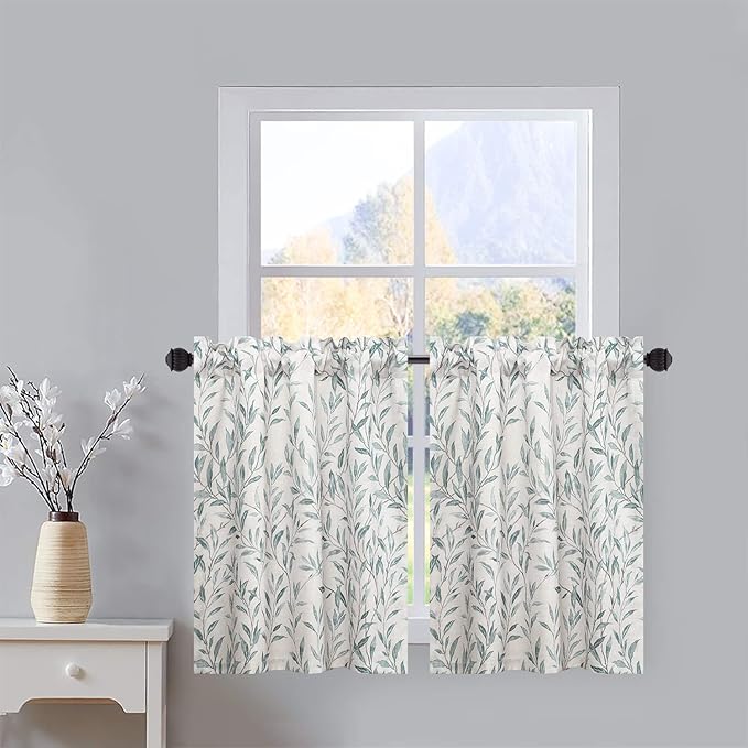 VOGOL Tier Curtains 30 Inch Length, Cute Leaves Print Valances Curtain Privacy Half Window Tiers for Cafe Farmhouse Living Room Bedroom, 30x30, 2 Panels