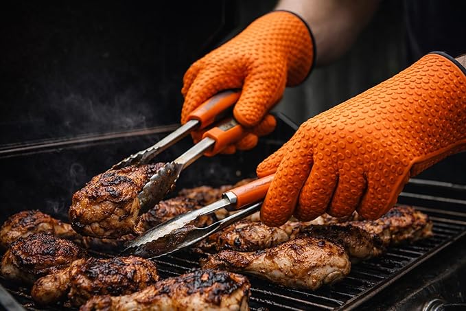 Cotton Lined Silicone Oven & BBQ Gloves, 450°F Heat Resistant Waterproof & Non-Slip Mitts for Baking, Cooking, Grill, Smoker & Fryer Use, Universal Size, 1 Pair (Orange)