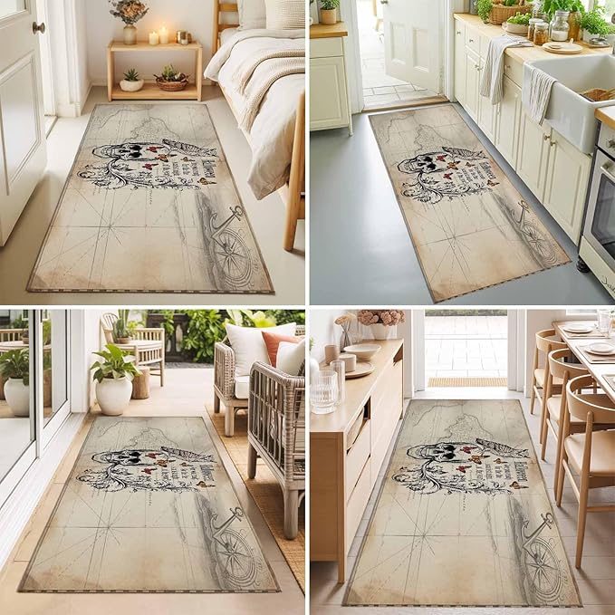 Runner Rug for Bedroom Hallway, Halloween Skull Owls on Vintage Kitchen Runner Rugs Area Rug 2x6ft, Retro Butterflies Flower Washable Soft Floor Carpet for Entryway Stair
