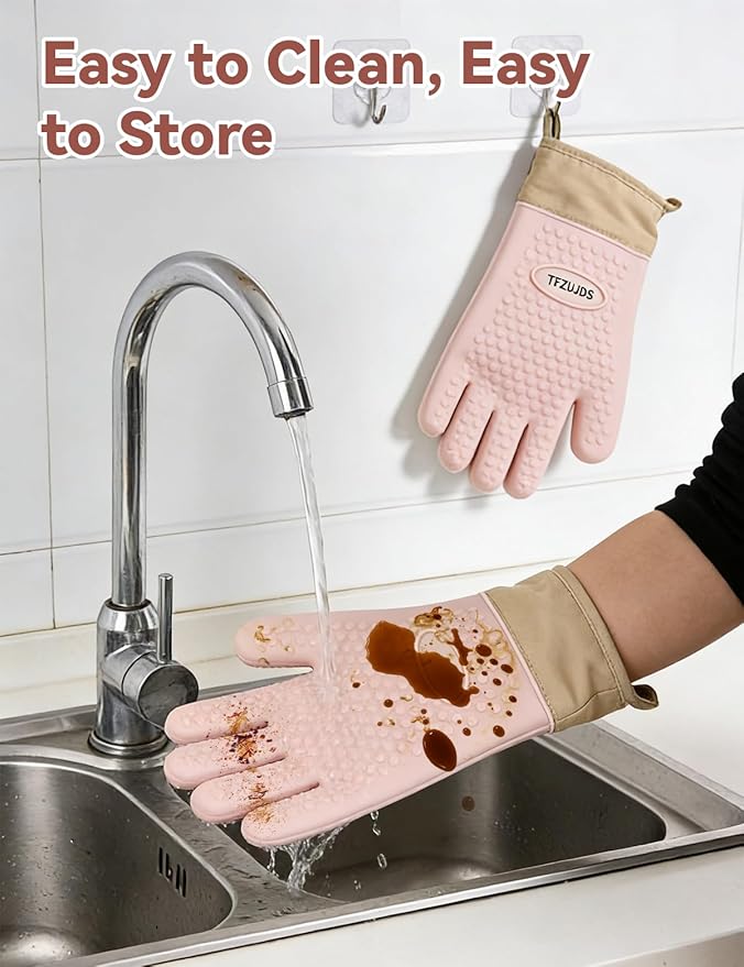 Silicone Oven Mitts with Five-Finger Design, Extended Cuff & Soft Cotton Lining – Heat Resistant, Waterproof, Non-Slip Oven Gloves for Baking, Cooking, Grilling, Safe Grip on Hot Cookware - Pink