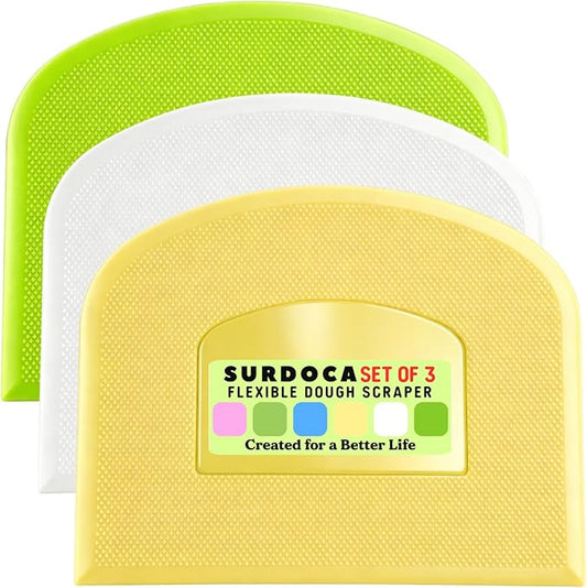 SURDOCA Dough Scraper Bench Scraper - 3P 10.6x6.7" Plastic Flexible Bowl Scraper, Sharp Edge & Angles Cake Scraper. Non-Slip Bakeware Decorating Tools Sculpting & Modeling Tools - White+Yellow+Green