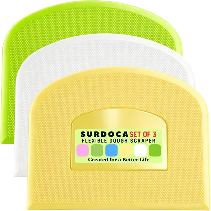SURDOCA Dough Scraper Bench Scraper - 3P 14.2x8.5" Plastic Flexible Bowl Scraper, Sharp Edge & Angles Cake Scraper. Non-Slip Bakeware Decorating Tools Sculpting & Modeling Tools - White+Yellow+Green
