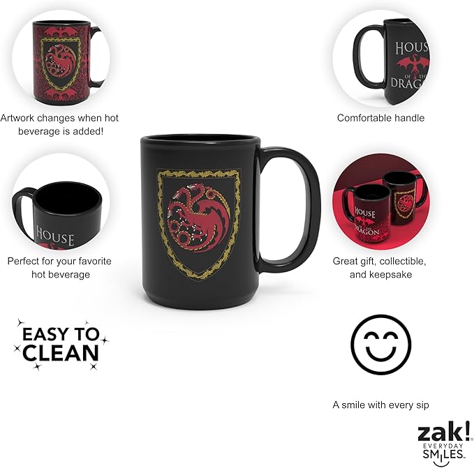 Zak Designs House of the Dragon Unique Color Change Ceramic Coffee Mug for Hot Drinks, Collectible Keepsake (15 oz, Targaryen)