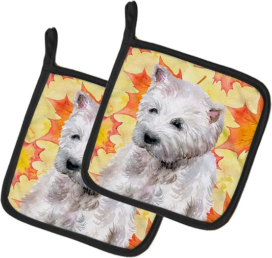 Caroline's Treasures BB9962PTHD Westie Fall Pair of Pot Holders, Yellow Kitchen Heat Resistant Pot Holders Sets Oven Hot Pads for Cooking Baking BBQ, 7 1/2 x 7 1/2